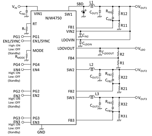 应用电路图 - Nisshinbo NJW4750-T1四通道组合稳压器
